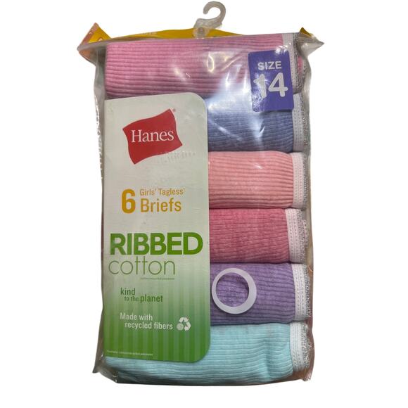 Hanes Girls' Tagless Ribbed Brief, 6 Pack Pink Purple Blue Size 14 New - Picture 1 of 3